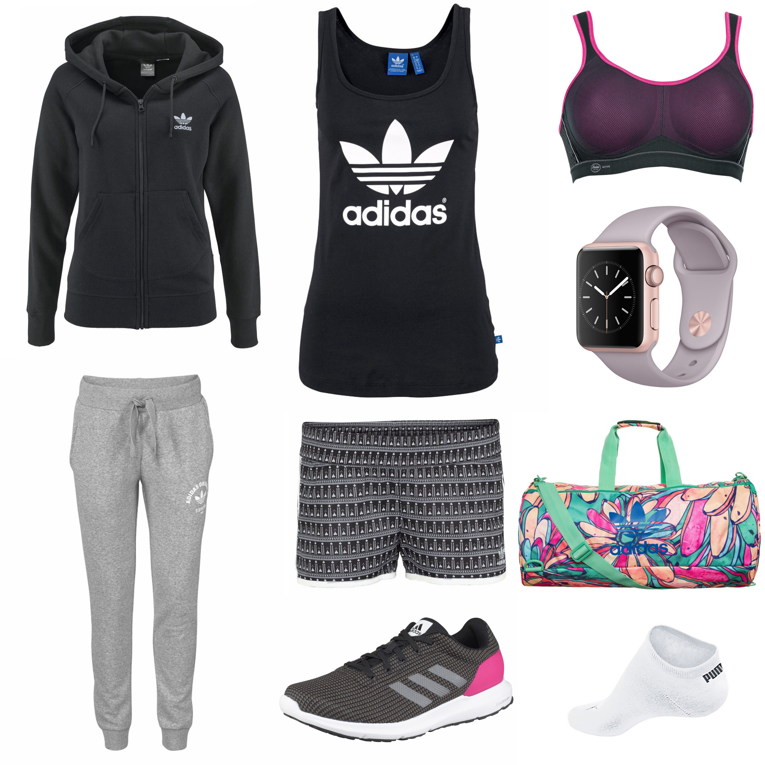 Miss-Classy-sportlich-stylischer-Sportlook-Adidas-Hotpants-Tanktop-Laufschuhe-Apple-Sportwatch