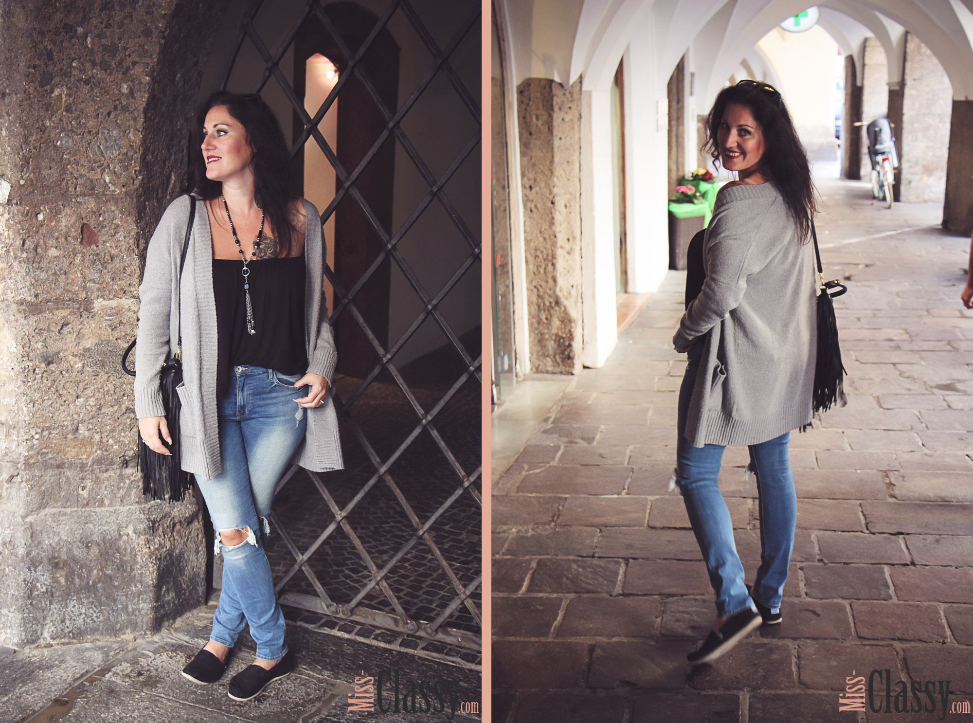 OUTFIT - Destroyed Jeans mit grauer Strickjacke in Innsbruck