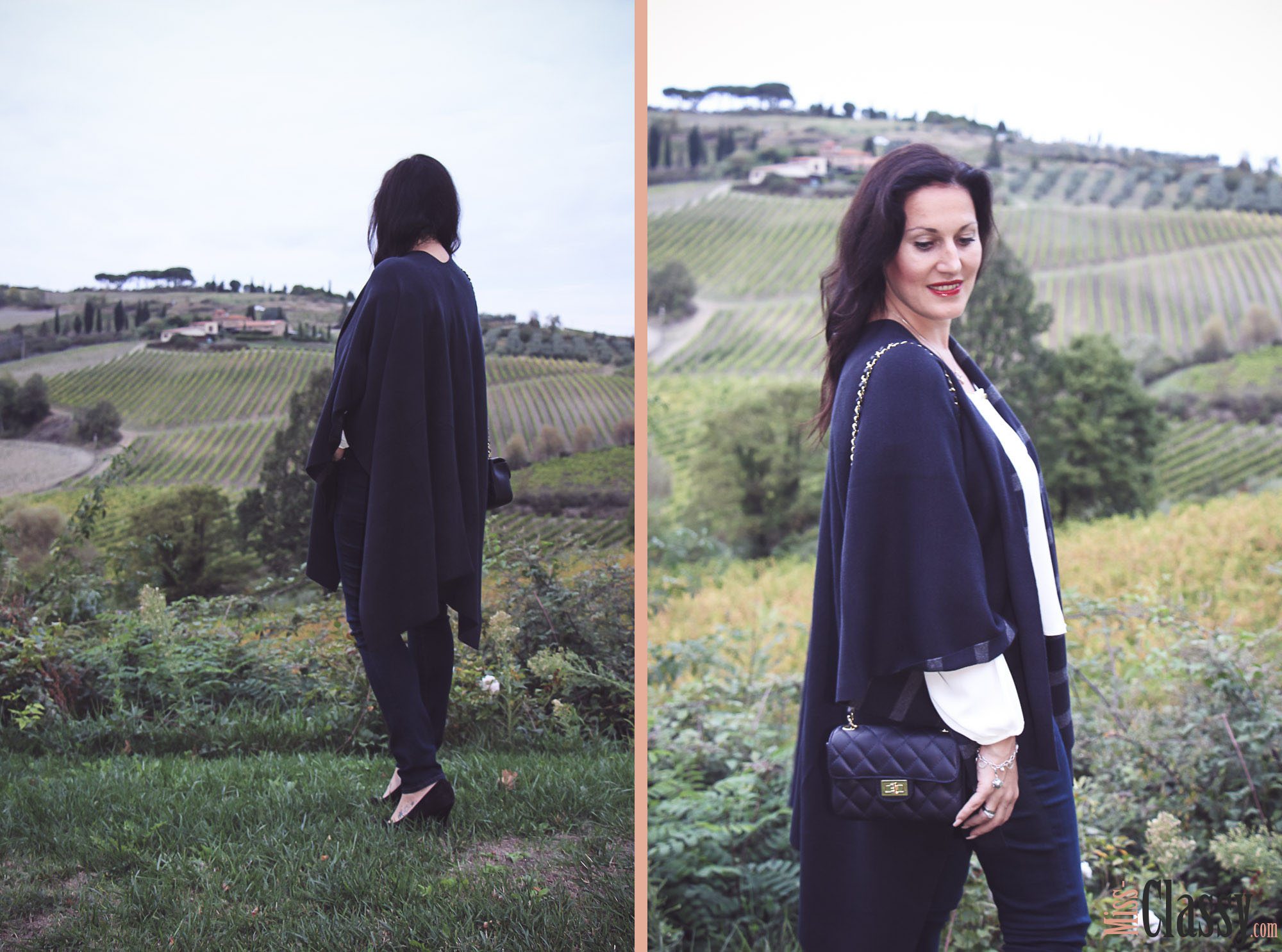 OUTFIT - Dunkelblauer Poncho mit Streifenmuster trifft Denim - Cecil - Herbst Toskana - Lederhandtasche