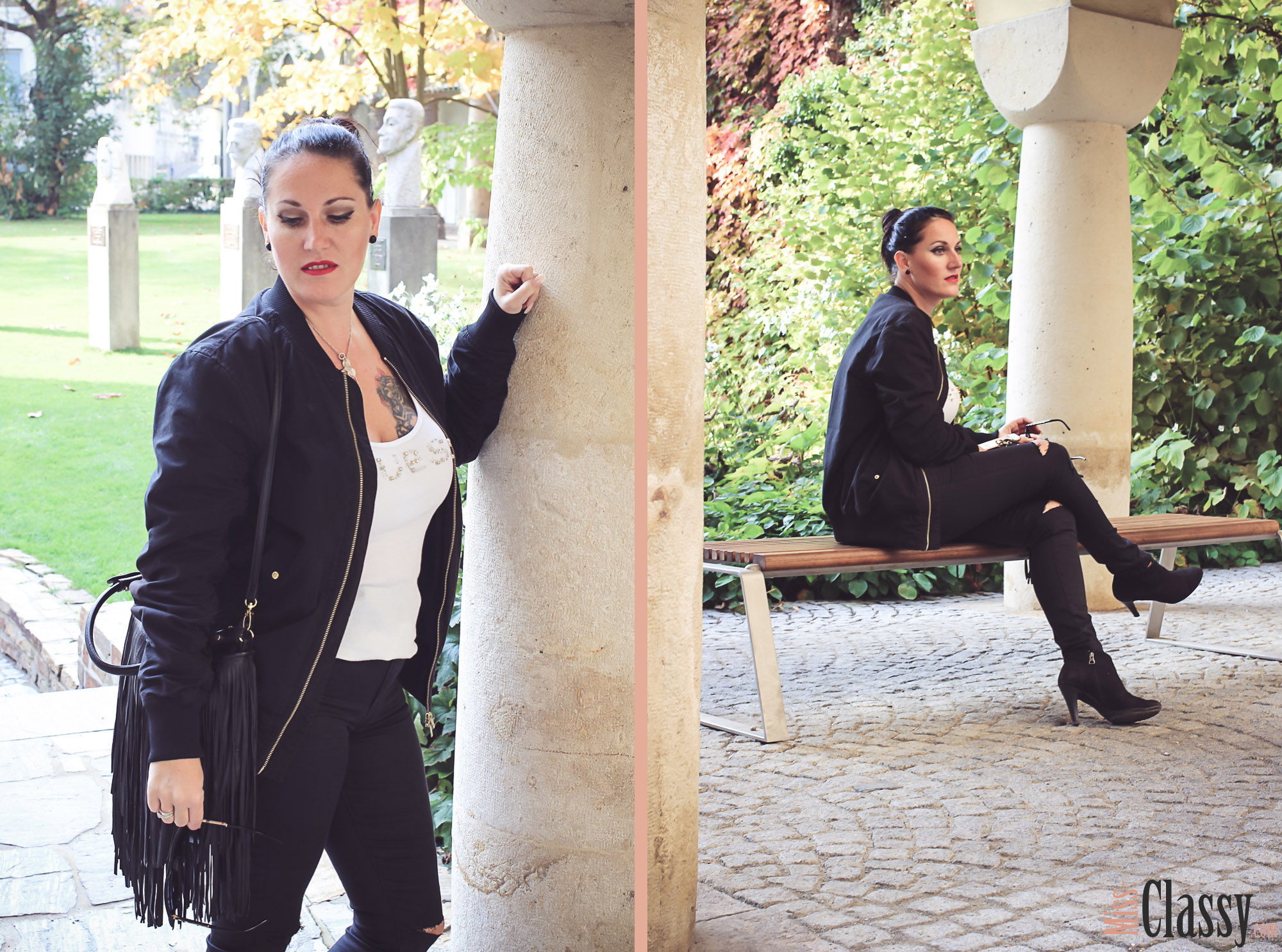 OUTFIT Schwarze Bomberjacke mit ripped Jeans und Fransentasche - Stiefelette - Guess - MAC Lippenstift - Graz - Orangerie im Burggarten