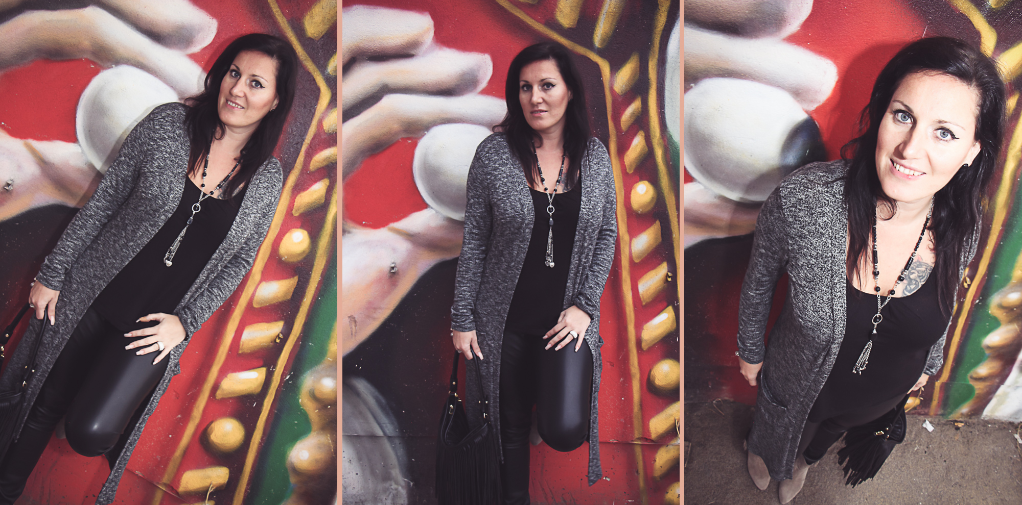 OUTFIT Schwarze Lederhose, grauer Longcardigan und beige Fransenboots - Fransentasche - Graz - Steiermark - Graffiti - Kunst - Art