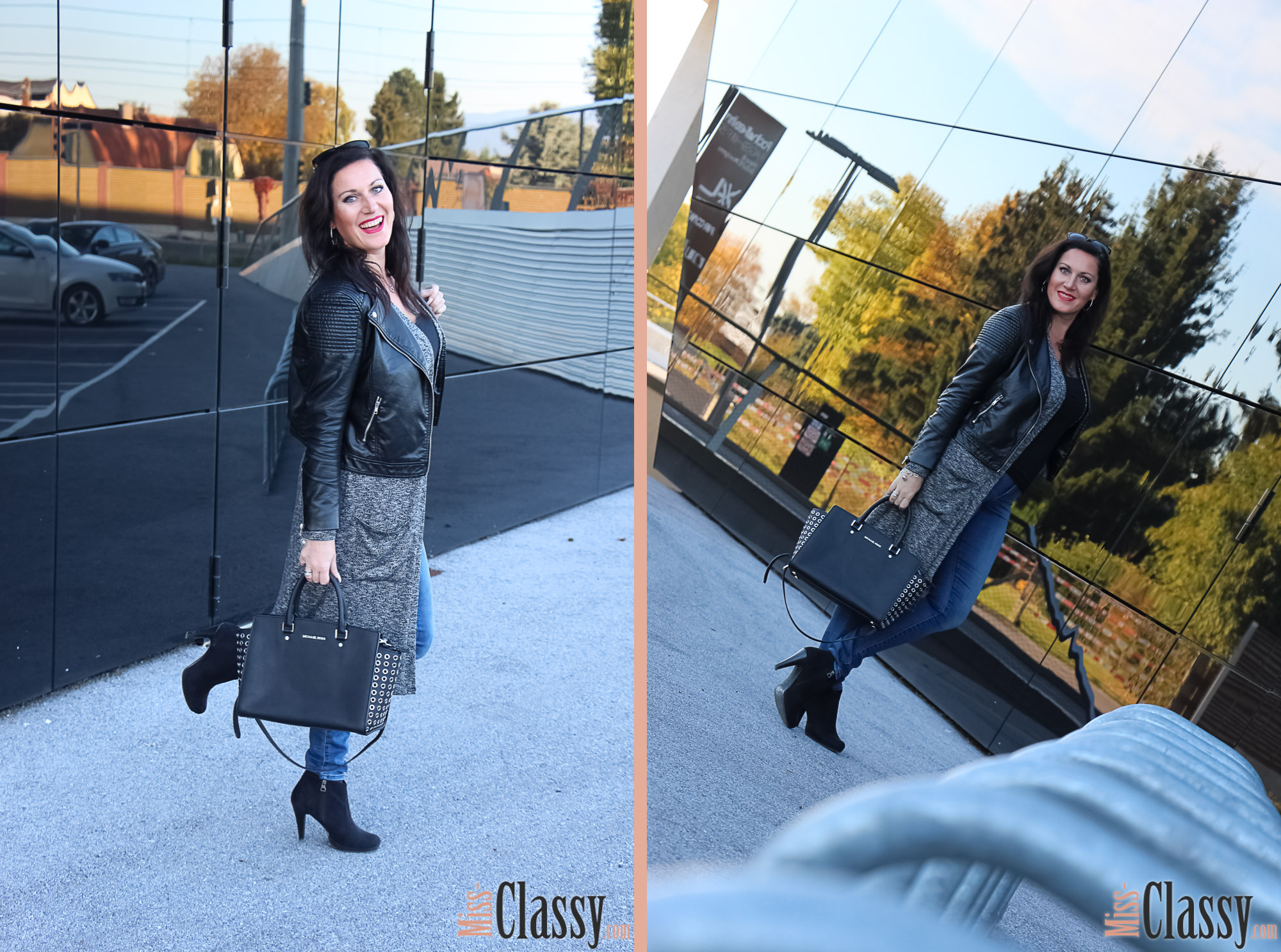 OUTFIT Layering - Longcardigan und Lederjacke, Graz, Steiermark, Miss Classy, miss-classy.com, Herbst, Doris & Babs, Sonnenbrille, Burberry, Vogue, Michael Kors