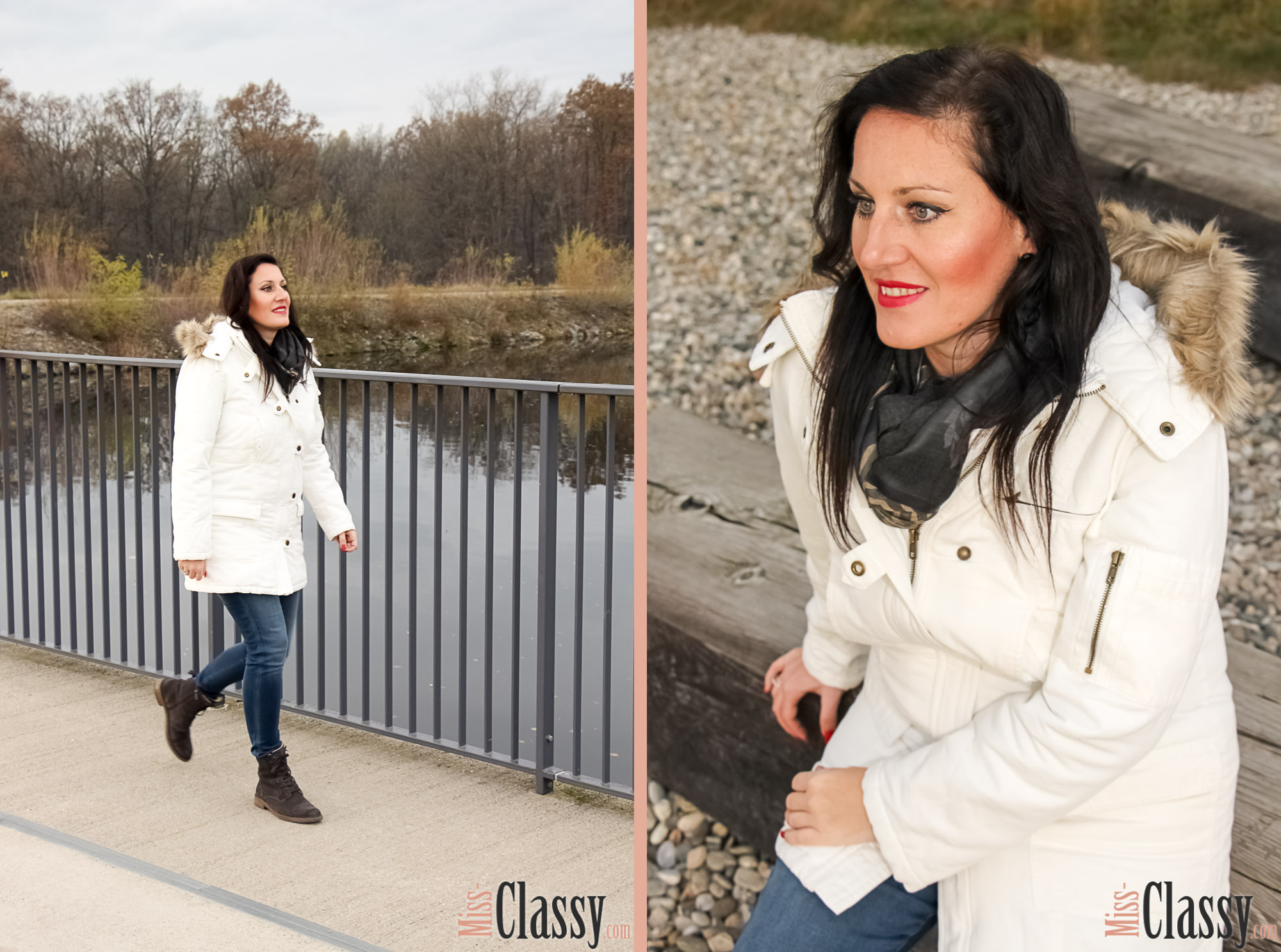 OUTFIT Weisser Parka mit Kapuze, Miss Classy, miss-classy.com, classy. beclassy, Herbst, Graz, Mur, Skinny Jeans, Boysens Parka, Schal, Boots, Stiefel, Marco Polo, MAC, Lippenstift