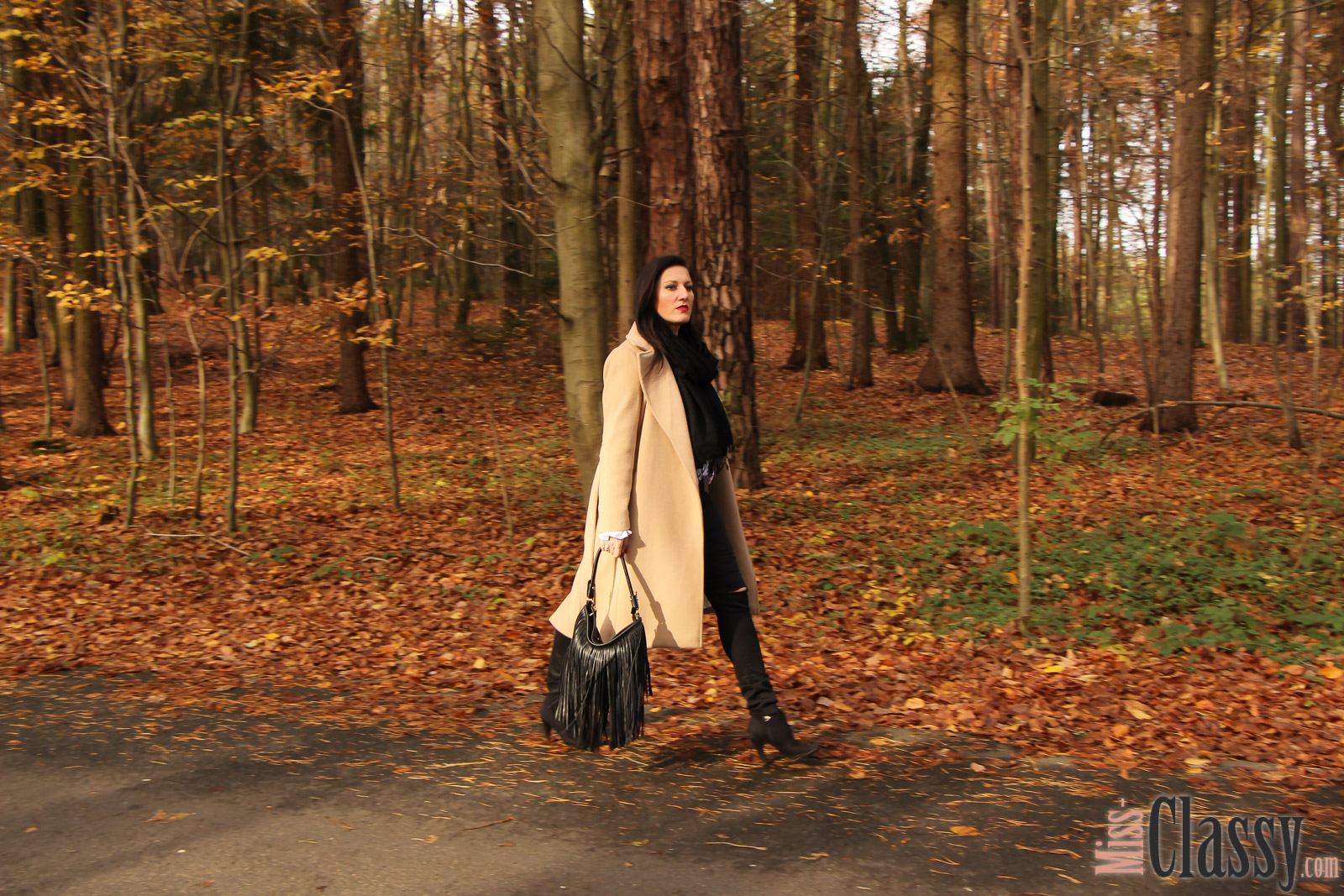 OUTFIT: Wollmantel - Trendiger Camel Coat, Miss Classy, classy, beclassy, Fashionblog, Fashionblogger, Graz, Austria, Bluse, Fransentasche, Schal, Stieletten, Herbst, Herbststimmung, bunte Blätter, Loipersdorf, Steiermark