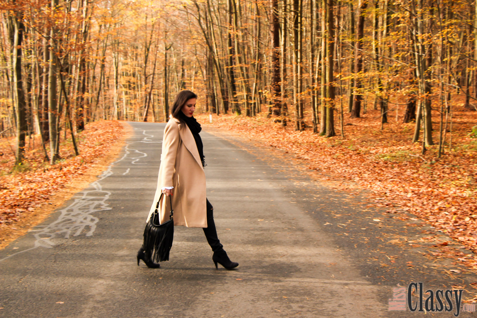 OUTFIT: Wollmantel - Trendiger Camel Coat, Miss Classy, classy, beclassy, Fashionblog, Fashionblogger, Graz, Austria, Bluse, Fransentasche, Schal, Stieletten, Herbst, Herbststimmung, bunte Blätter, Loipersdorf, Steiermark