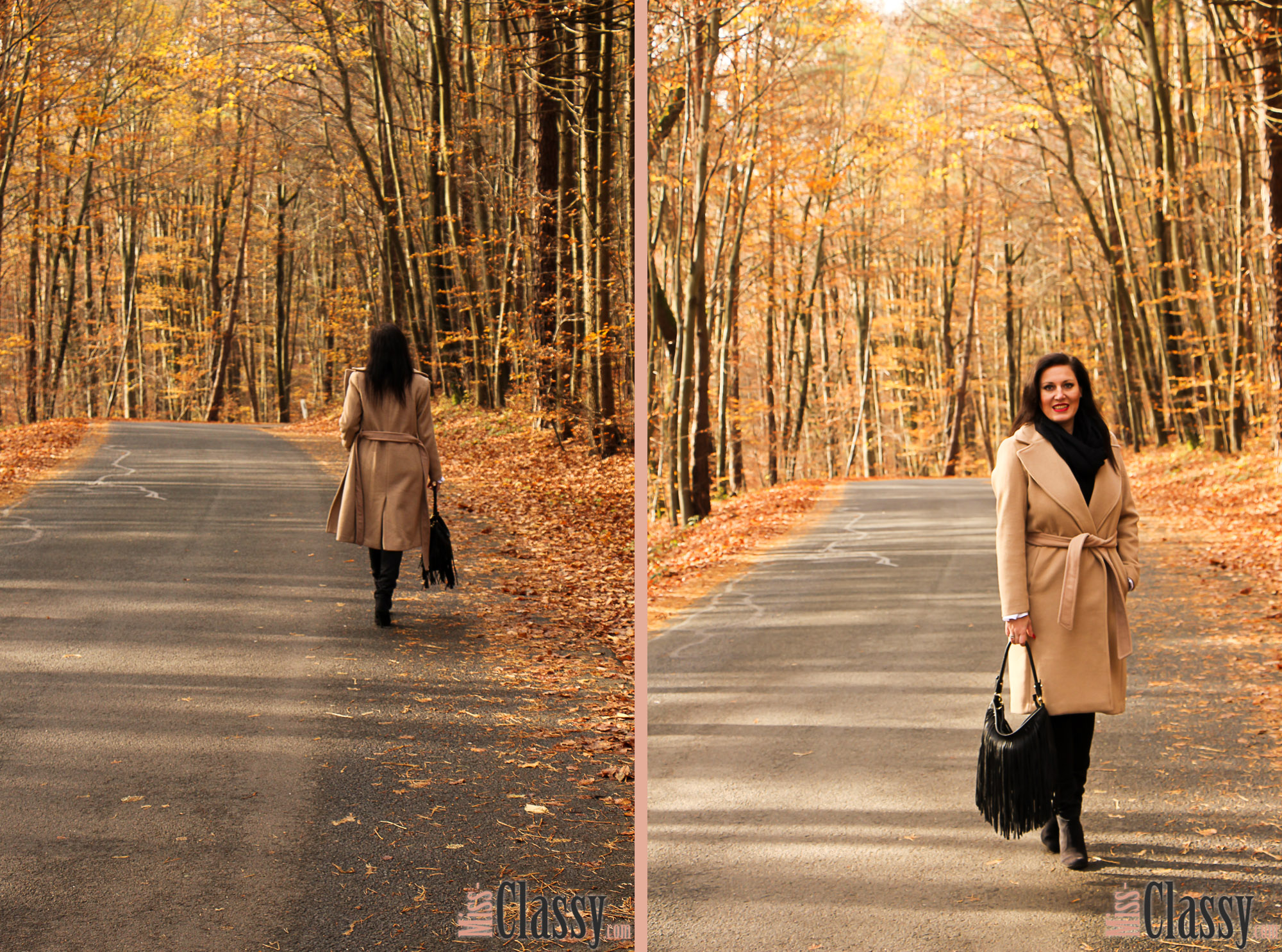 OUTFIT: Wollmantel - Trendiger Camel Coat, Miss Classy, classy, beclassy, Fashionblog, Fashionblogger, Graz, Austria, Bluse, Fransentasche, Schal, Stieletten, Herbst, Herbststimmung, bunte Blätter, Loipersdorf, Steiermark