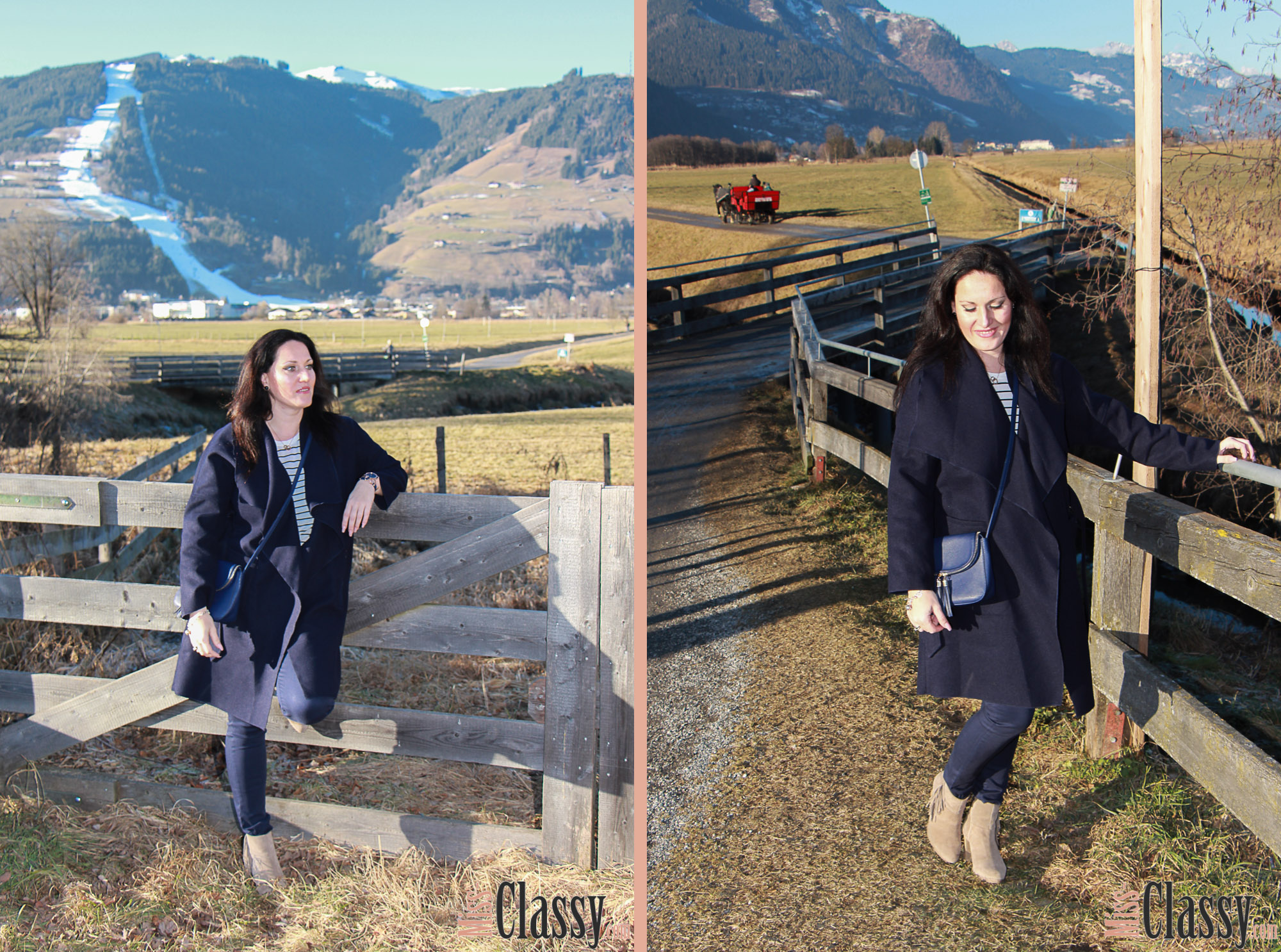 OUTFIT Dunkelblauer Wollmantel mit blauer Hose, blaue Lederhandtasche, beige Fransenboots, Shein, Zara, Michael Kors, Humanic, Paul Hewitt, Ankerarmband, Halskette, Streifenshirt, Miss Classy, classy, beclassy, Fashionblog, Fashionblogger, Fashion, Mode, Austria, Österreich, Graz