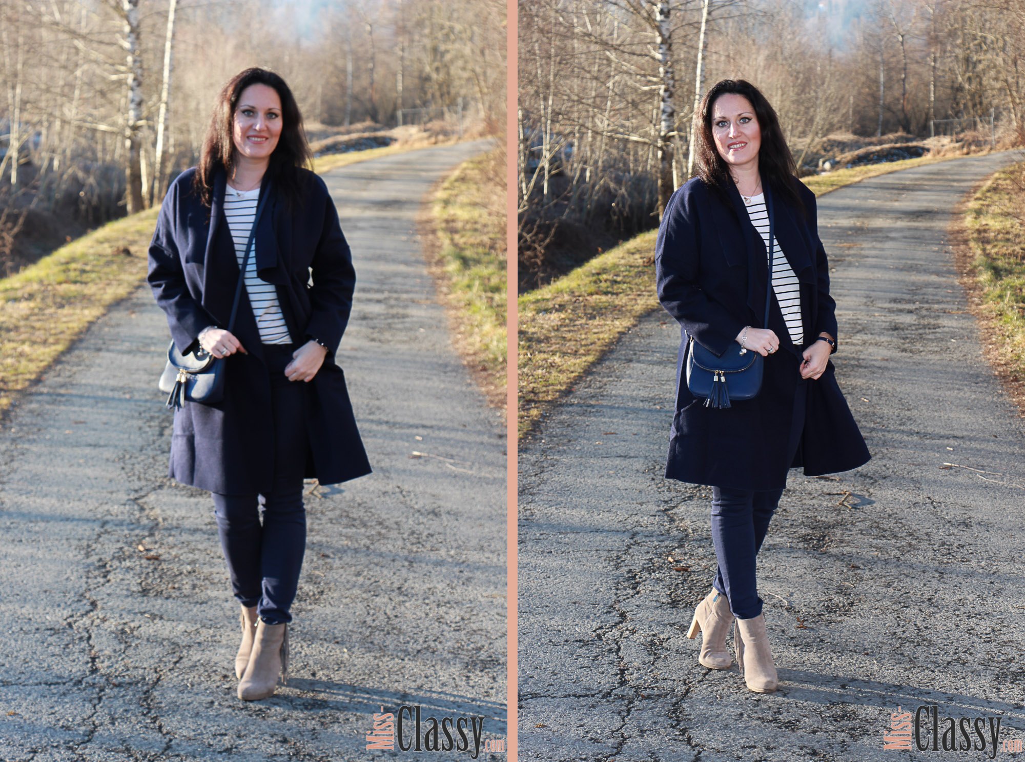 OUTFIT Dunkelblauer Wollmantel mit blauer Hose, blaue Lederhandtasche, beige Fransenboots, Shein, Zara, Michael Kors, Humanic, Paul Hewitt, Ankerarmband, Halskette, Streifenshirt, Miss Classy, classy, beclassy, Fashionblog, Fashionblogger, Fashion, Mode, Austria, Österreich, Graz