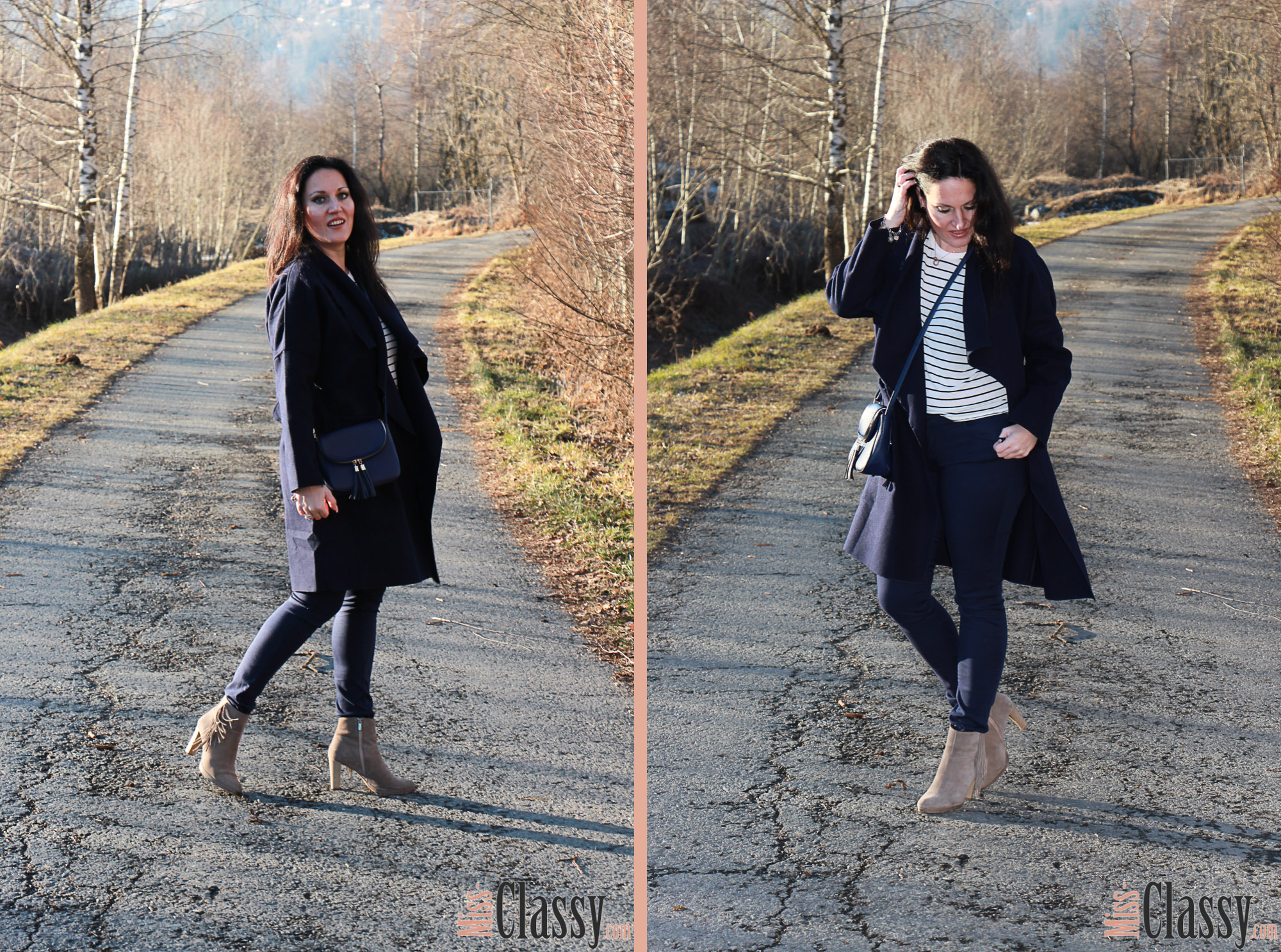 OUTFIT Dunkelblauer Wollmantel mit blauer Hose, blaue Lederhandtasche, beige Fransenboots, Shein, Zara, Michael Kors, Humanic, Paul Hewitt, Ankerarmband, Halskette, Streifenshirt, Miss Classy, classy, beclassy, Fashionblog, Fashionblogger, Fashion, Mode, Austria, Österreich, Graz