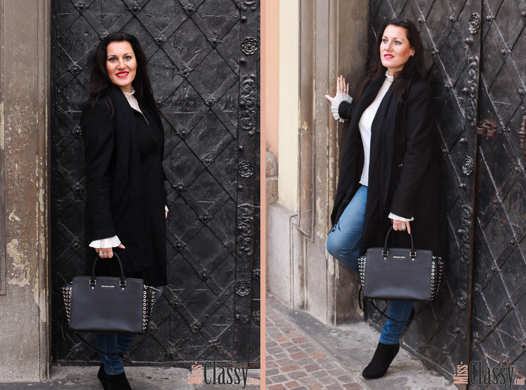 OUTFIT Schwarzer Wollmantel und weiße Bluse mit Glockenärmeln, Miss Classy, classy, beclassy. Fashionblogger, Fashionblog, Fashion, Trend, Österreich, Austria, Graz, Wollmantel, Esprit, Michael Kors, Selma Bag, Weihnachten, Christkindlmarkt Graz, TK Maxx, Stiefeletten, H&M, MAC Cosmetics, Lippenstift