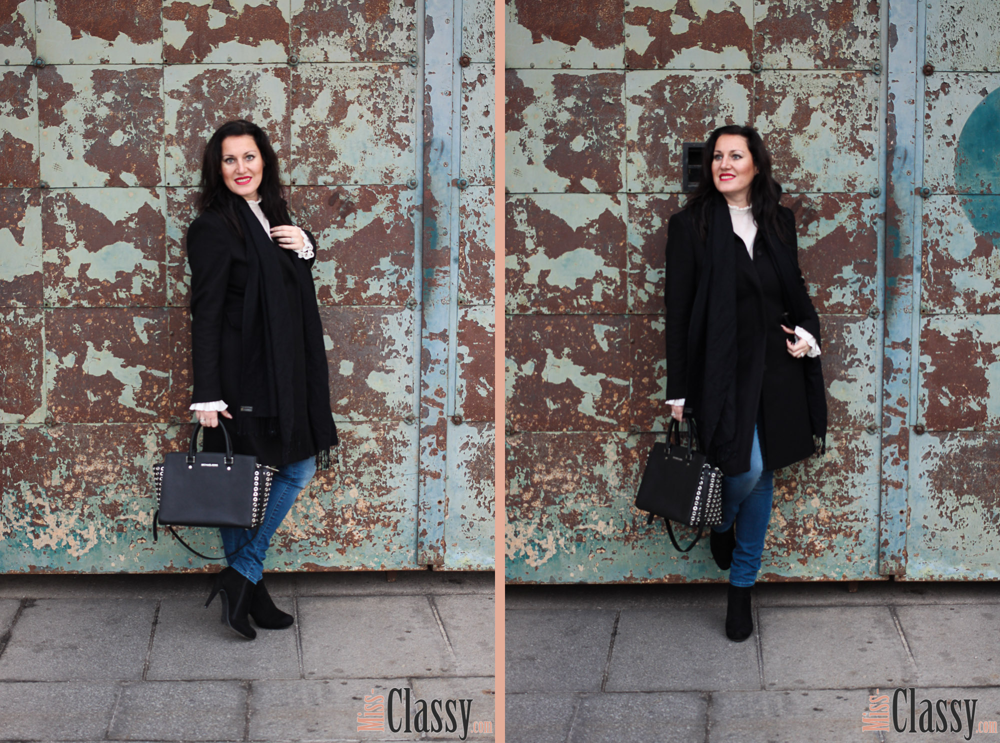 OUTFIT Schwarzer Wollmantel und weiße Bluse mit Glockenärmeln, Miss Classy, classy, beclassy. Fashionblogger, Fashionblog, Fashion, Trend, Österreich, Austria, Graz, Wollmantel, Esprit, Michael Kors, Selma Bag, Weihnachten, Christkindlmarkt Graz, TK Maxx, Stiefeletten, H&M, MAC Cosmetics, Lippenstift