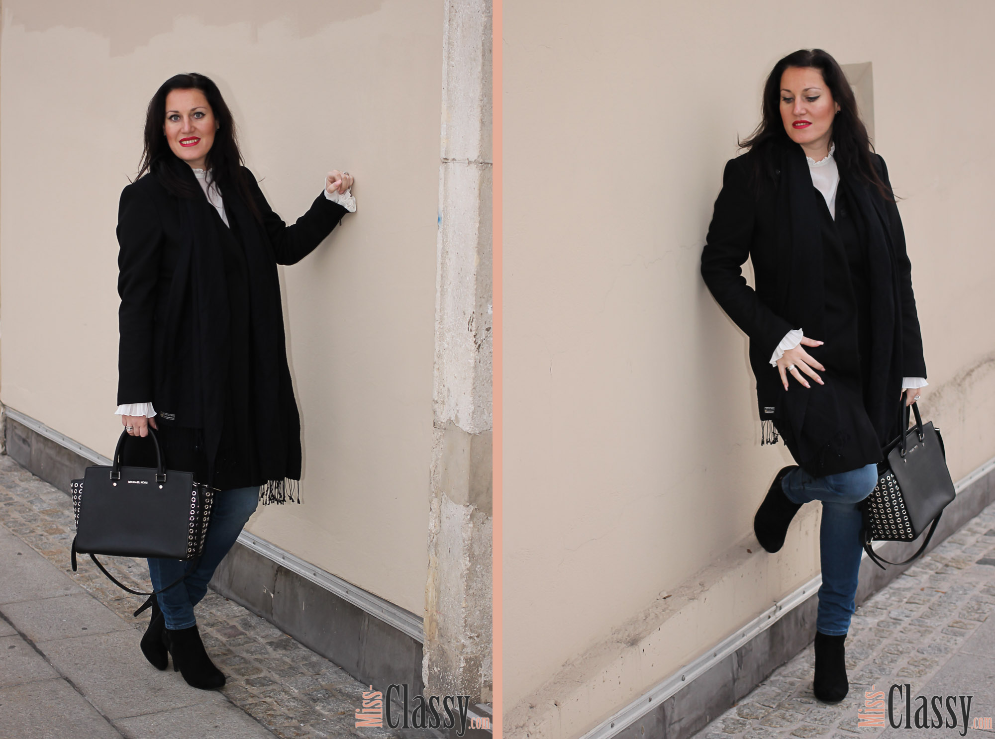 OUTFIT Schwarzer Wollmantel und weiße Bluse mit Glockenärmeln, Miss Classy, classy, beclassy. Fashionblogger, Fashionblog, Fashion, Trend, Österreich, Austria, Graz, Wollmantel, Esprit, Michael Kors, Selma Bag, Weihnachten, Christkindlmarkt Graz, TK Maxx, Stiefeletten, H&M, MAC Cosmetics, Lippenstift