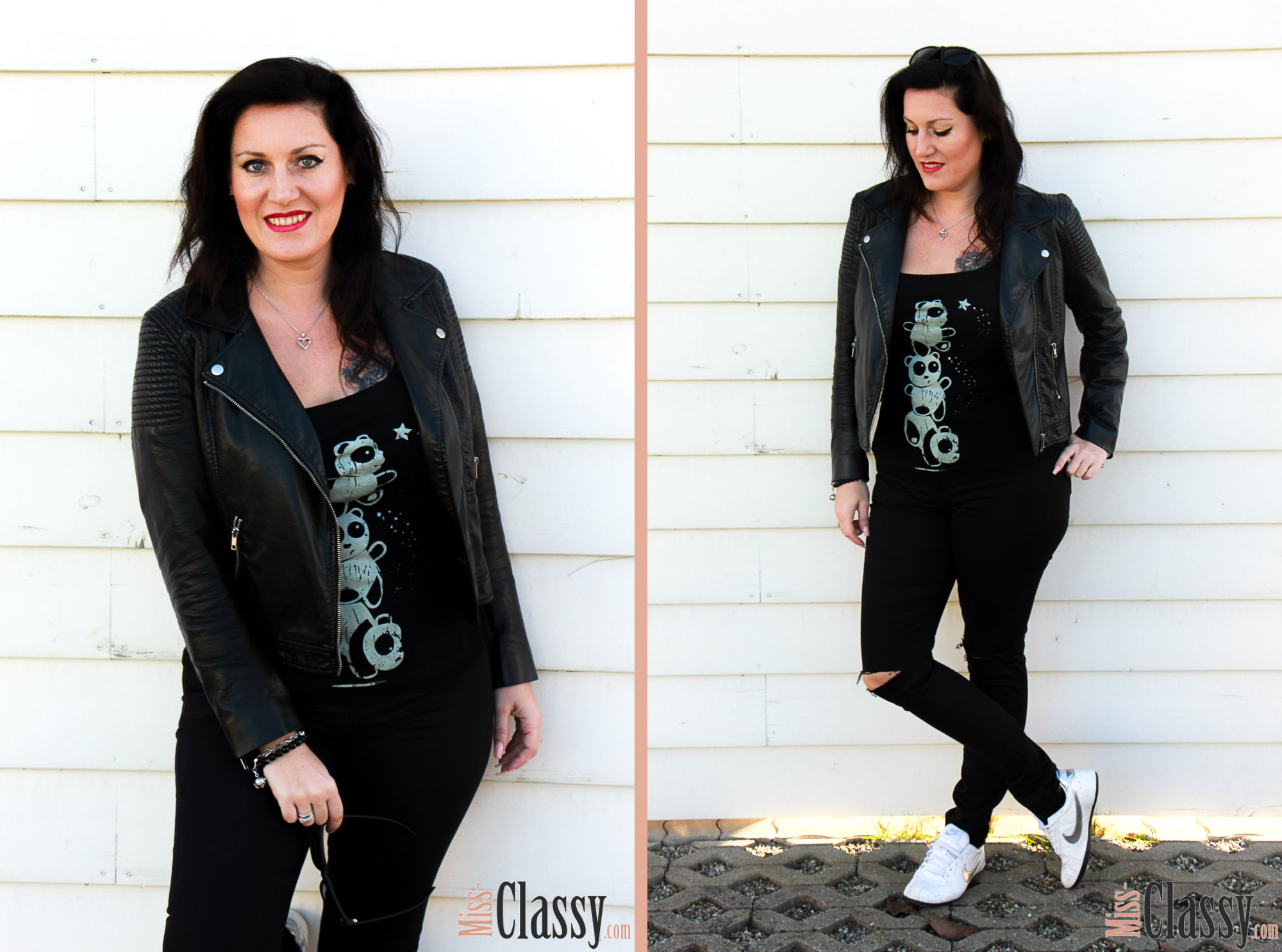 OUTFIT Wenn Kater schwarz, T-Shirt gut, Miss Classy, classy, beclassy, Fashionblog, Fashionblogger, Österreich, Austria, Graz, All Black, Kater Likoli, T-Shirt, Lederjacke, Knee-Cut Jeans, Nike, Sneakers