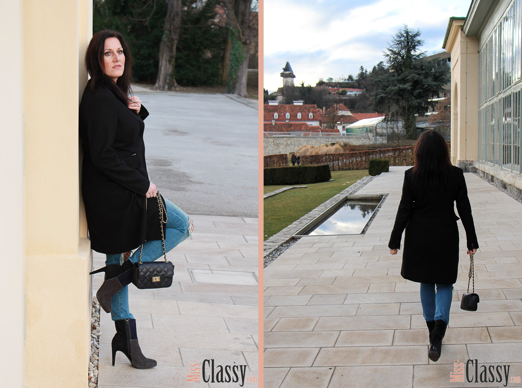 OUTFIT Destroyed Jeans mit Netzstrumpfhose und 3-färbigen Stiefeletten, Miss Classy, miss-classy.com, Fashionblog, Fashionblogger, Fashionblog Graz, Lifestyleblog Graz, Graz, Steiermark, Österreich, classy, beclassy, classy Fashion, Wollmantel Esprit, Destroyed Jeans, Netzstrumpfhose, blaue Handtasche, Stiefeletten, blau-graz-schwarze Stiefeletten, 3-färbige Stiefeletten, Lazzarini, Humanic, Orangerie Graz, Burggarten Graz, Schloßberg, Uhrturm