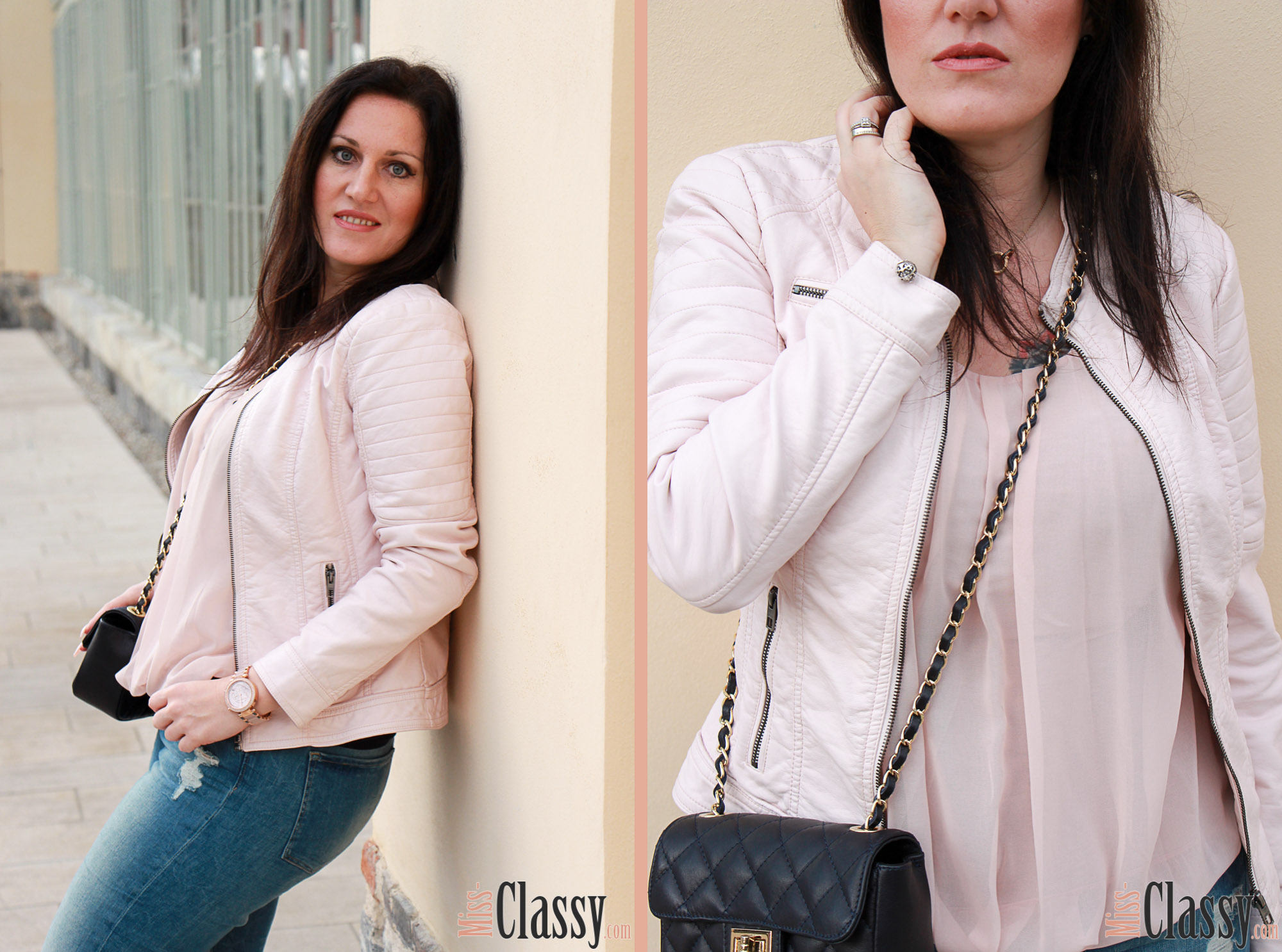 OUTFIT Frühlingsoutfit mit rosa Lederjacke – 7 Girls 7 Styles, Miss Classy, miss-classy.com, Fashionblog, Fashionblogger, Fashionblog Graz, Lifestyleblog Graz, Graz, Orangerie, Burggarten, Steiermark, Österreich, classy, beclassy, classy Fashion, Frühling in Graz, rosa Lederjacke, rosa Seidentop, Michael Kors Armbanduhr, Rosegold, Netzstrumpfhose, Fishnet Tights, Destroyed Jeans, blaue Handtasche, High Heels, Zara