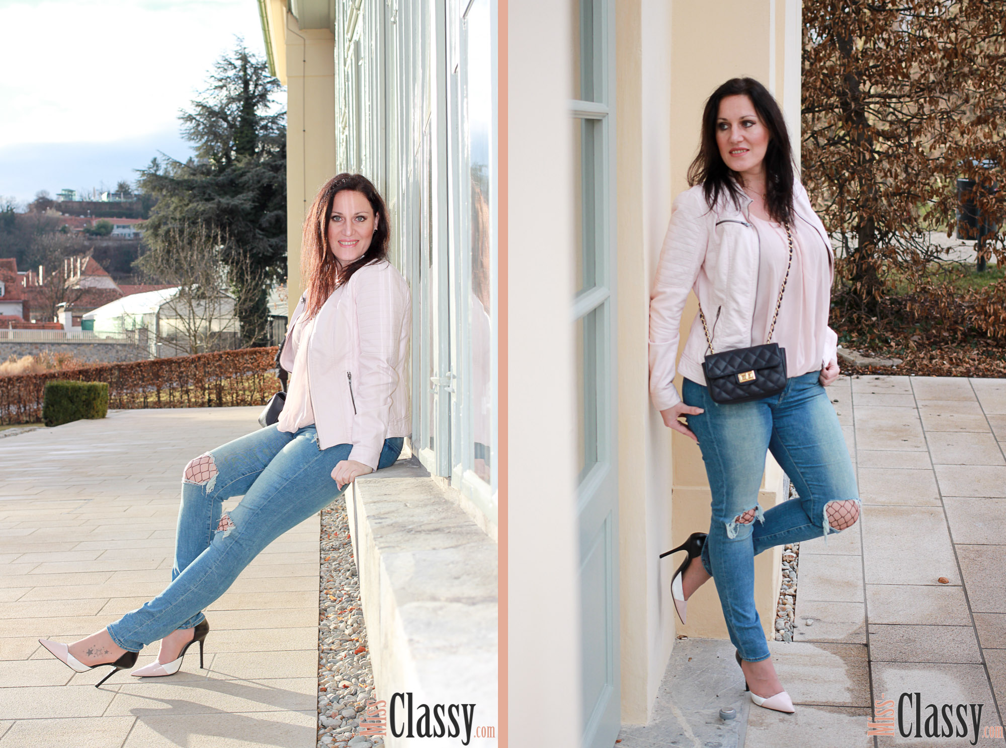 OUTFIT Frühlingsoutfit mit rosa Lederjacke – 7 Girls 7 Styles, Miss Classy, miss-classy.com, Fashionblog, Fashionblogger, Fashionblog Graz, Lifestyleblog Graz, Graz, Orangerie, Burggarten, Steiermark, Österreich, classy, beclassy, classy Fashion, Frühling in Graz, rosa Lederjacke, rosa Seidentop, Michael Kors Armbanduhr, Rosegold, Netzstrumpfhose, Fishnet Tights, Destroyed Jeans, blaue Handtasche, High Heels, Zara