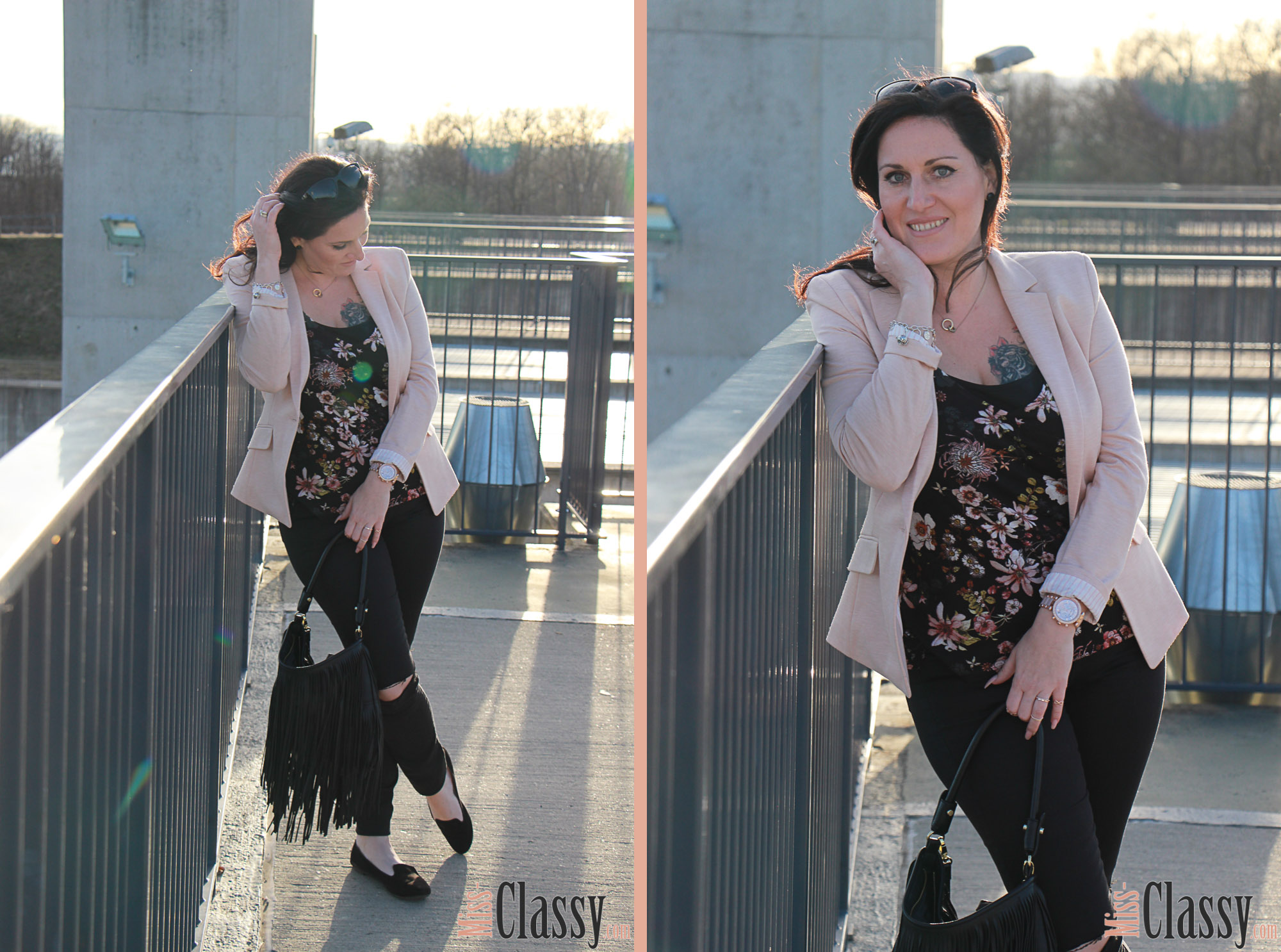 OUTFIT Rosa Blazer und Top mit Blumenprint, Miss Classy, miss-classy.com, Fashionblog, Fashionblogger, Fashionblog Graz, Lifestyleblog Graz, Graz, Steiermark, Österreich, classy, beclassy, classy Fashion, rosa Jersey Blazer, Blumen, Blumenprint, Sonnenbrille Burberry, Michael Kors Armbanduhr, Rosegold, Loafer, Kneecut Jeans, Fransentasche, H&M