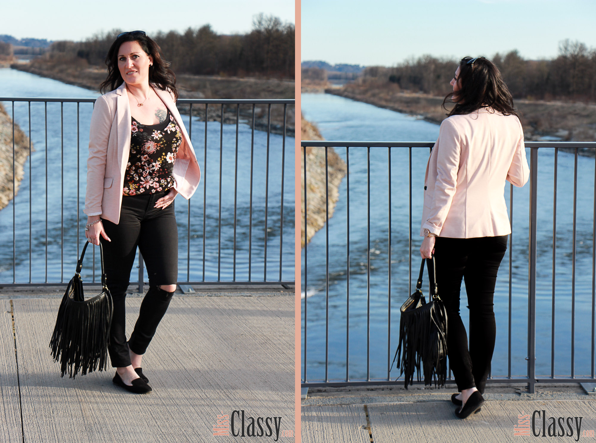 OUTFIT Rosa Blazer und Top mit Blumenprint, Miss Classy, miss-classy.com, Fashionblog, Fashionblogger, Fashionblog Graz, Lifestyleblog Graz, Graz, Steiermark, Österreich, classy, beclassy, classy Fashion, rosa Jersey Blazer, Blumen, Blumenprint, Sonnenbrille Burberry, Michael Kors Armbanduhr, Rosegold, Loafer, Kneecut Jeans, Fransentasche, H&M