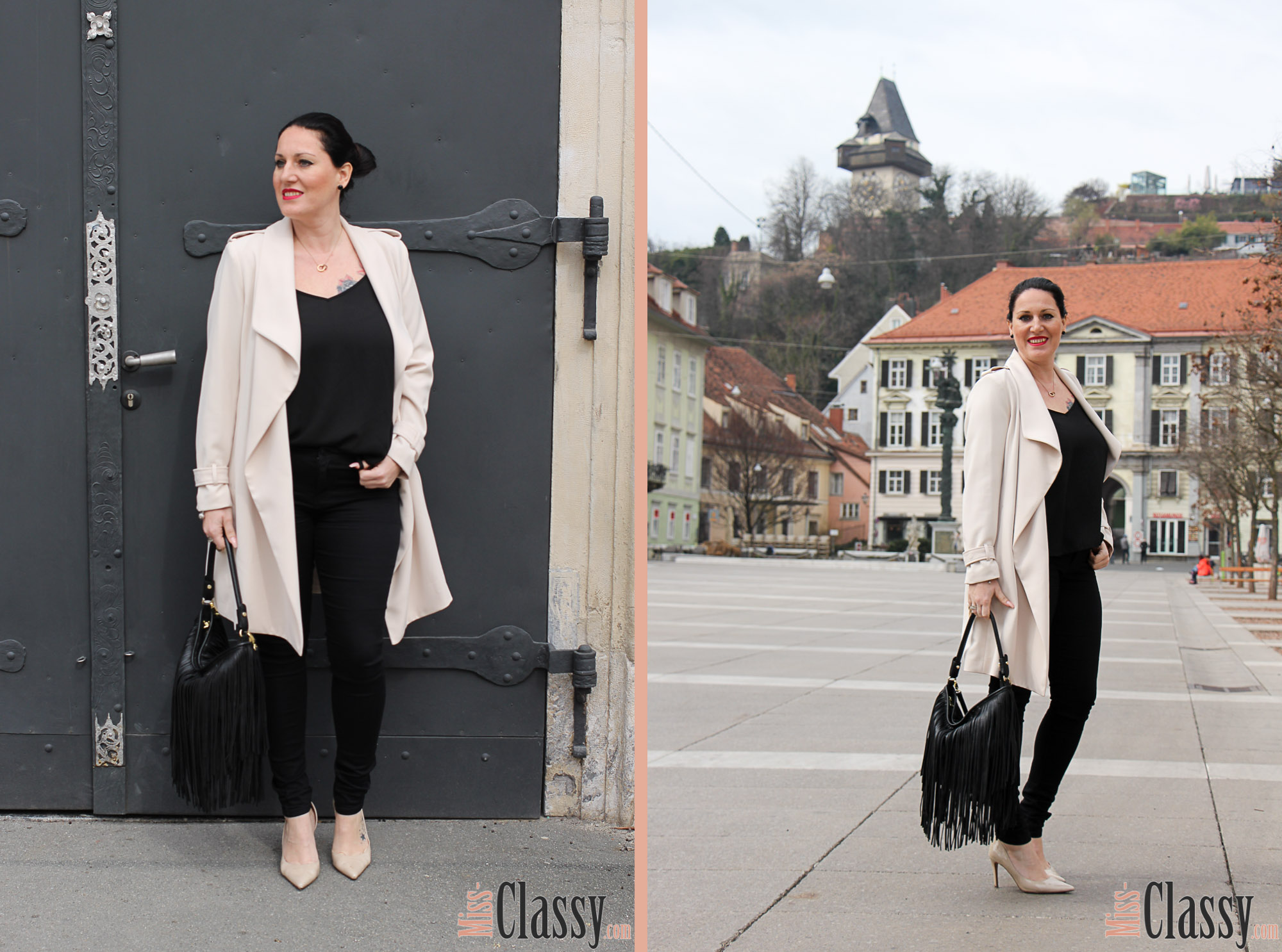 OUTFIT Beiger Mantel von H&M, Miss Classy, miss-classy.com, Fashionblog, Fashionblogger, Fashionblog Graz, Lifestyleblog Graz, Graz, Karmeliterplatz, Steiermark, Österreich, classy, beclassy, classy Fashion, Frühling in Graz, Outfit, Style, Fashion, Mode, OOTD, Beiger Mantel, Fransentasche, High Heels, Pumps