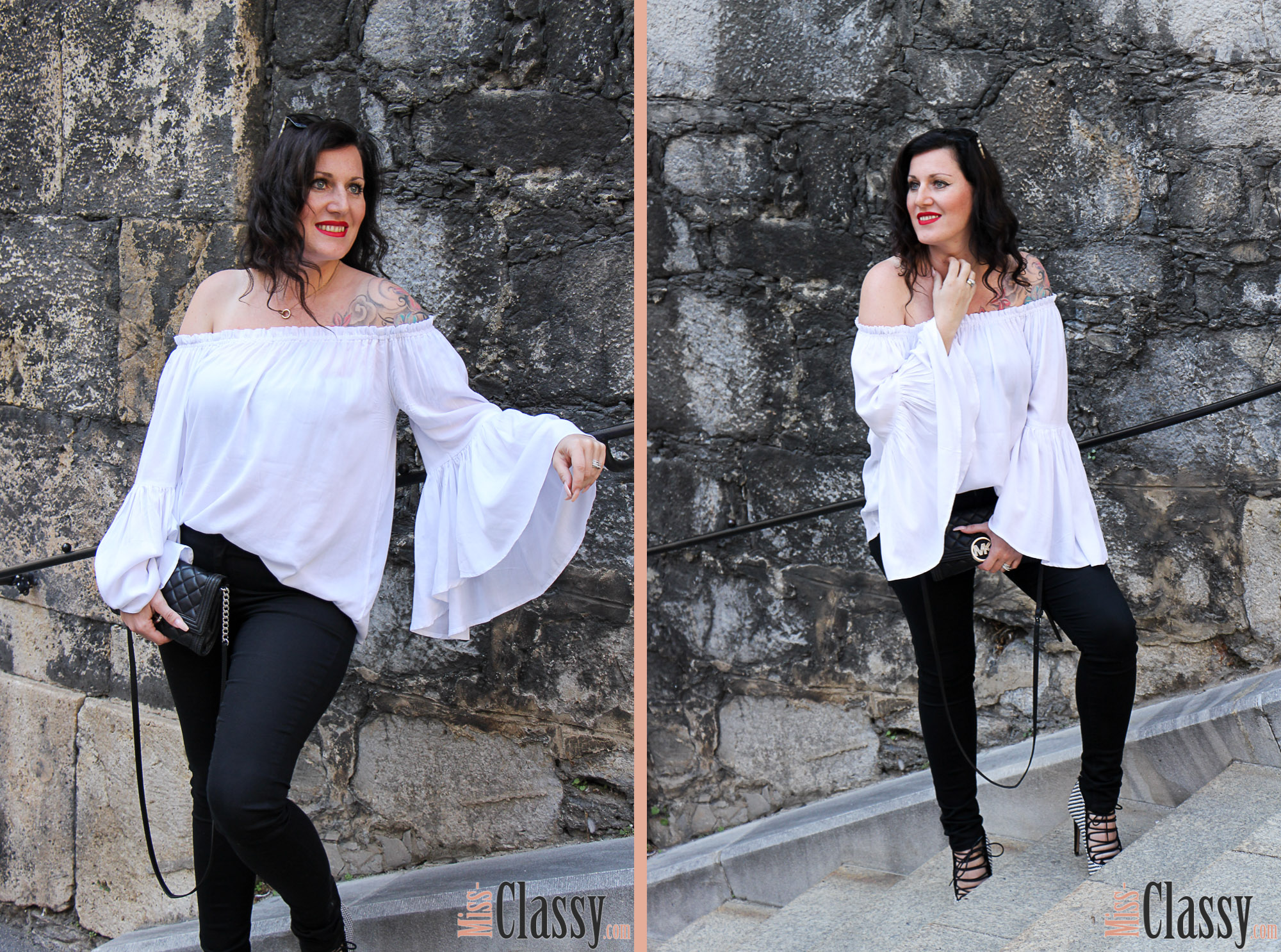 OUTFIT Black & White – 7 Girls 7 Styles, Miss Classy, miss-classy.com, Fashionblog, Fashionblogger, Fashionblog Graz, Lifestyleblog Graz, Graz, Steiermark, Österreich, classy, beclassy, classy Fashion, Outfit, Style, Fashion, Mode, OOTD, Schwarz & Weiß, Black & White Outfit, Off-Shoulder Bluse Shein, Schwarze Jeans von Esprit, High Heels von Zara, Lippenstift MAC, MAC Life's Blood, MAC Cosmetics, Clutch Michael Kors, Blogparade, Sonnenbrille Burberry