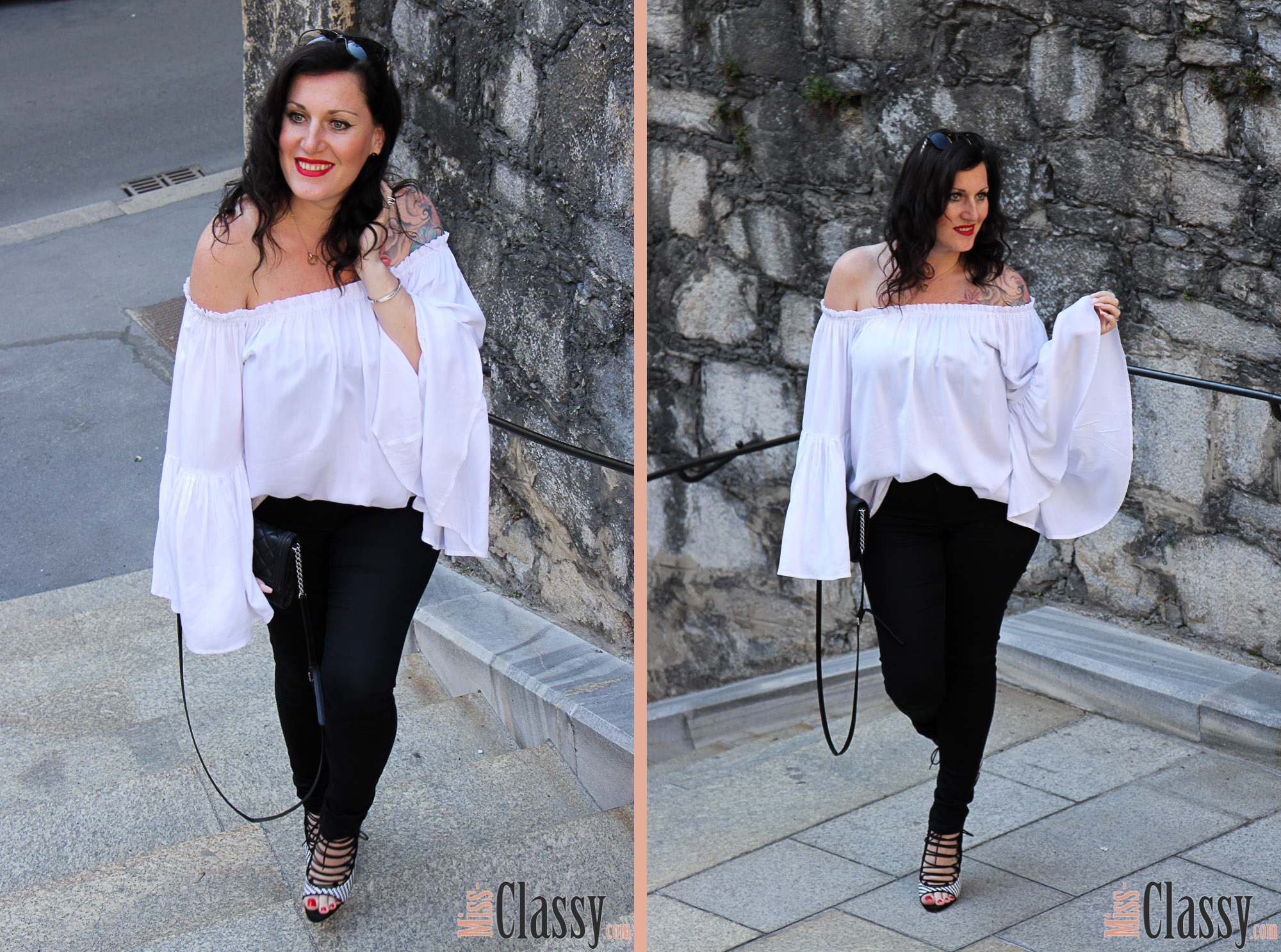 OUTFIT Black & White – 7 Girls 7 Styles, Miss Classy, miss-classy.com, Fashionblog, Fashionblogger, Fashionblog Graz, Lifestyleblog Graz, Graz, Steiermark, Österreich, classy, beclassy, classy Fashion, Outfit, Style, Fashion, Mode, OOTD, Schwarz & Weiß, Black & White Outfit, Off-Shoulder Bluse Shein, Schwarze Jeans von Esprit, High Heels von Zara, Lippenstift MAC, MAC Life's Blood, MAC Cosmetics, Clutch Michael Kors, Blogparade, Sonnenbrille Burberry