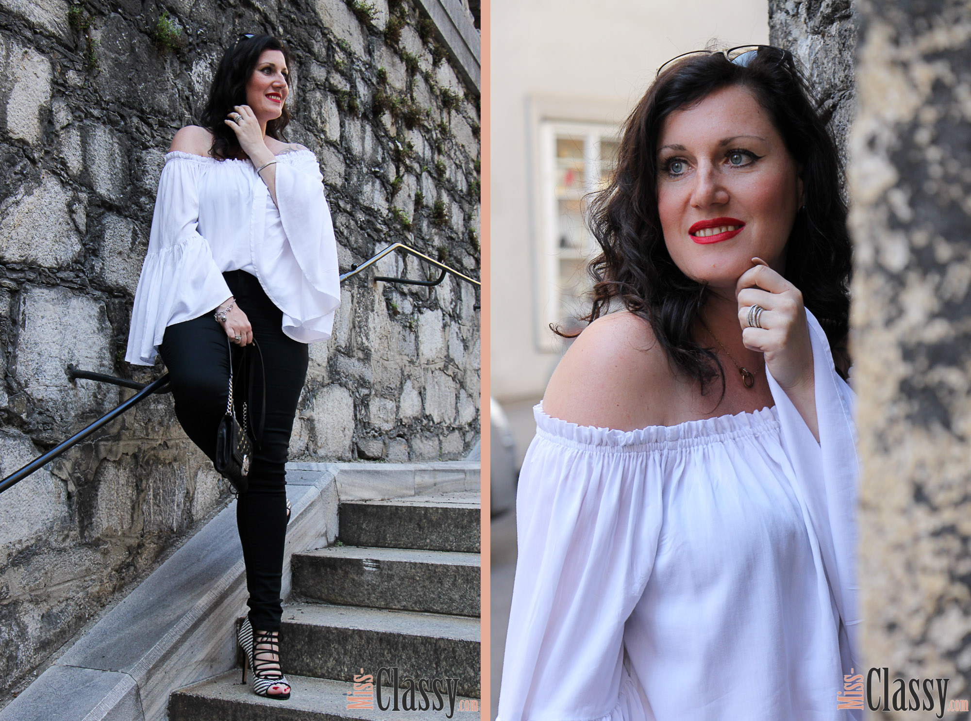 OUTFIT Black & White – 7 Girls 7 Styles, Miss Classy, miss-classy.com, Fashionblog, Fashionblogger, Fashionblog Graz, Lifestyleblog Graz, Graz, Steiermark, Österreich, classy, beclassy, classy Fashion, Outfit, Style, Fashion, Mode, OOTD, Schwarz & Weiß, Black & White Outfit, Off-Shoulder Bluse Shein, Schwarze Jeans von Esprit, High Heels von Zara, Lippenstift MAC, MAC Life's Blood, MAC Cosmetics, Clutch Michael Kors, Blogparade, Sonnenbrille Burberry