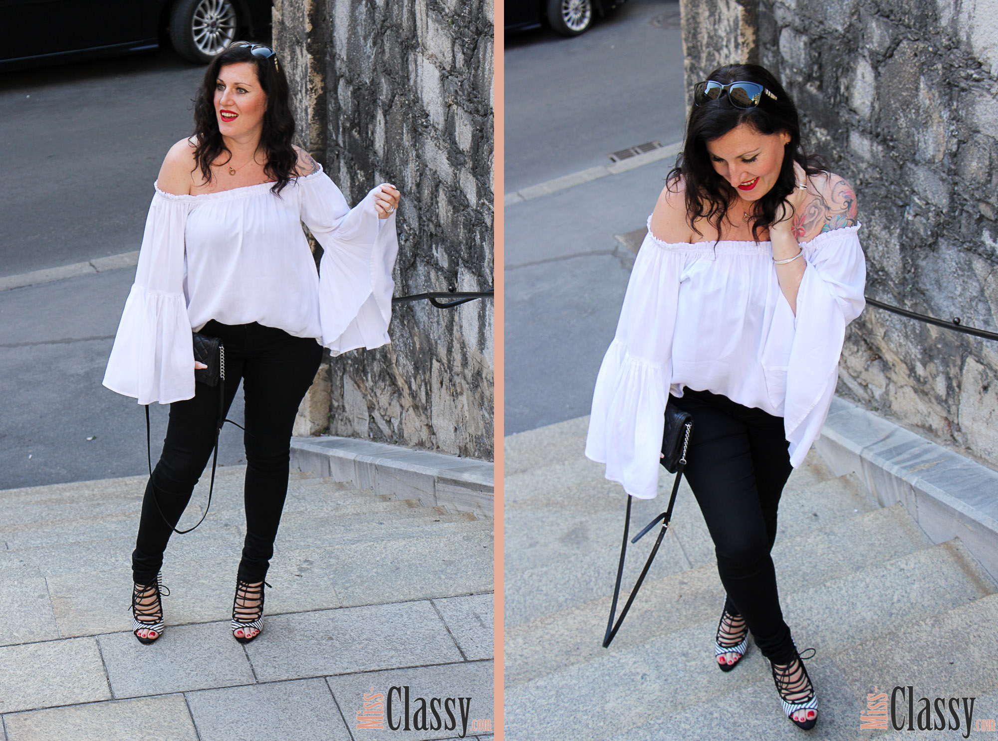 OUTFIT Black & White – 7 Girls 7 Styles, Miss Classy, miss-classy.com, Fashionblog, Fashionblogger, Fashionblog Graz, Lifestyleblog Graz, Graz, Steiermark, Österreich, classy, beclassy, classy Fashion, Outfit, Style, Fashion, Mode, OOTD, Schwarz & Weiß, Black & White Outfit, Off-Shoulder Bluse Shein, Schwarze Jeans von Esprit, High Heels von Zara, Lippenstift MAC, MAC Life's Blood, MAC Cosmetics, Clutch Michael Kors, Blogparade, Sonnenbrille Burberry