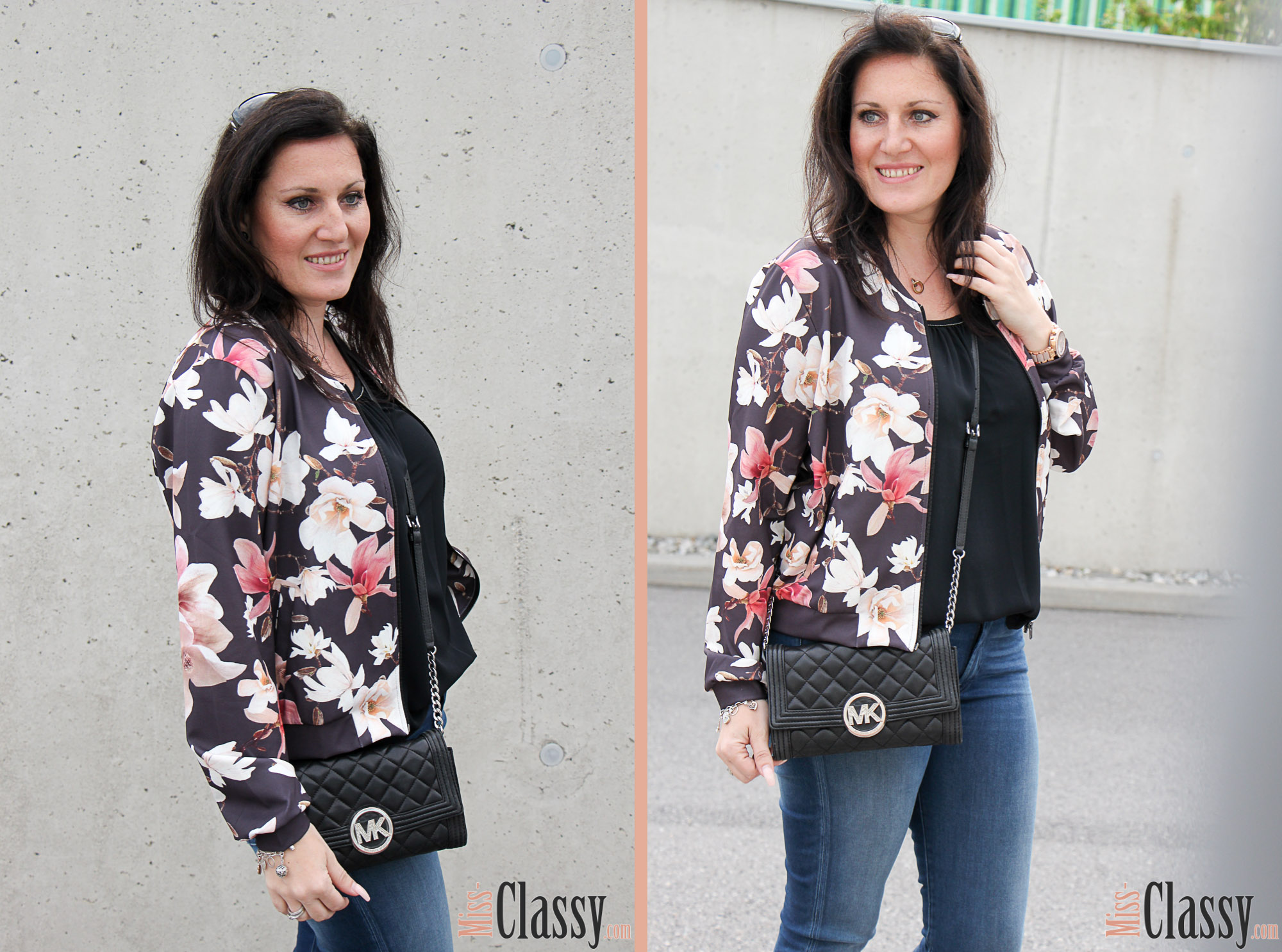 OUTFIT Blumenprint Blouson und Poncho-Bluse von Betty Barcley, Miss Classy, miss-classy.com, Fashionblog, Fashionblogger, Fashionblog Graz, Lifestyleblog Graz, Graz, Steiermark, Österreich, classy, beclassy, classy Fashion, Outfit, Style, Fashion, Mode, OOTD, Betty Barclay, Cartoon, Sonnenbrille Vogue, Clutch, Michael Kors, Wedges, Blumenprint, Jeans 7ForAllManKind