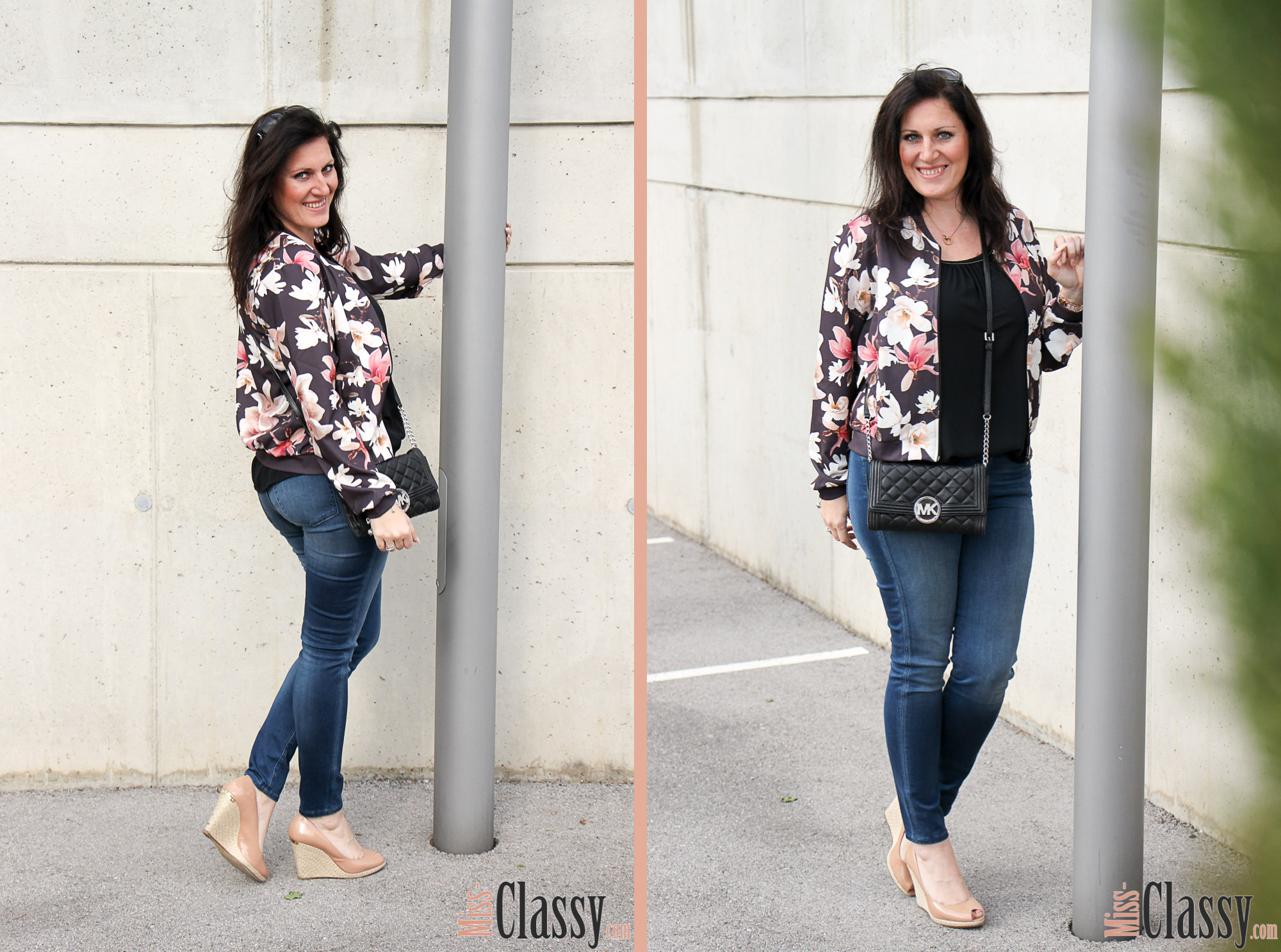 OUTFIT Blumenprint Blouson und Poncho-Bluse von Betty Barcley, Miss Classy, miss-classy.com, Fashionblog, Fashionblogger, Fashionblog Graz, Lifestyleblog Graz, Graz, Steiermark, Österreich, classy, beclassy, classy Fashion, Outfit, Style, Fashion, Mode, OOTD, Betty Barclay, Cartoon, Sonnenbrille Vogue, Clutch, Michael Kors, Wedges, Blumenprint, Jeans 7ForAllManKind