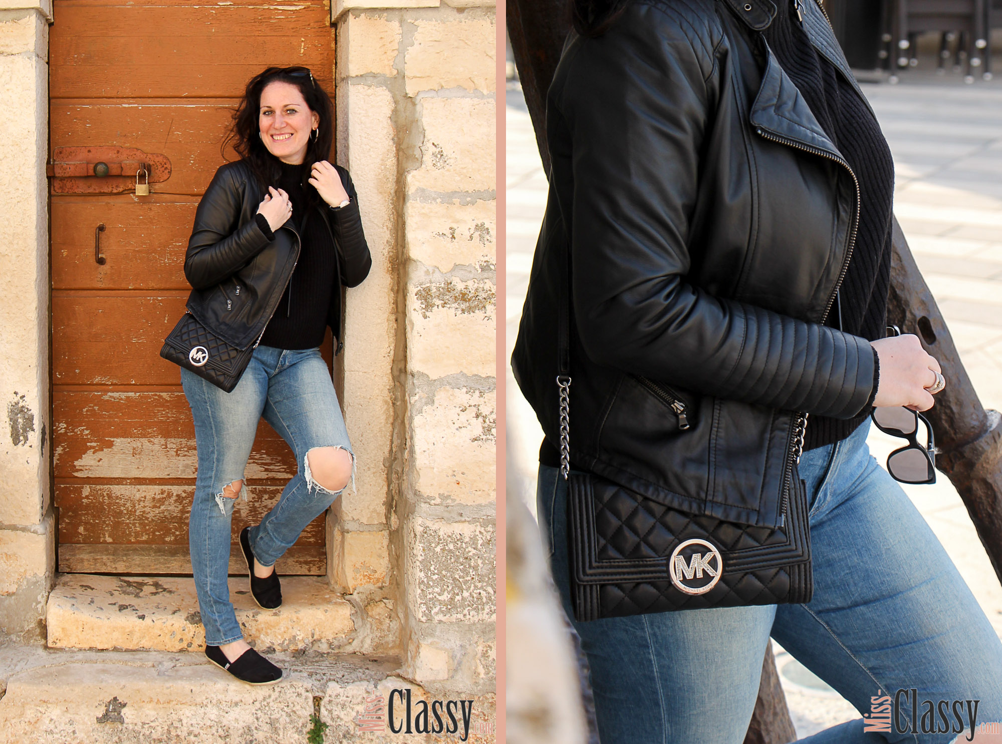 OUTFIT Lederjacke und Destroyed Jeans mit TOMs in Umag, Miss Classy, miss-classy.com, Fashionblog, Fashionblogger, Fashionblog Graz, Lifestyleblog Graz, Graz, Steiermark, Österreich, classy, beclassy, classy Fashion, Outfit, Style, Fashion, Mode, OOTD, Lederjacke, Hallhuber, Sonnenbrille Burberry, Clutch, Michael Kors, Daniel Wellington, TOMs, Espadrilles, Destroyed Jeans, Umag, Meer