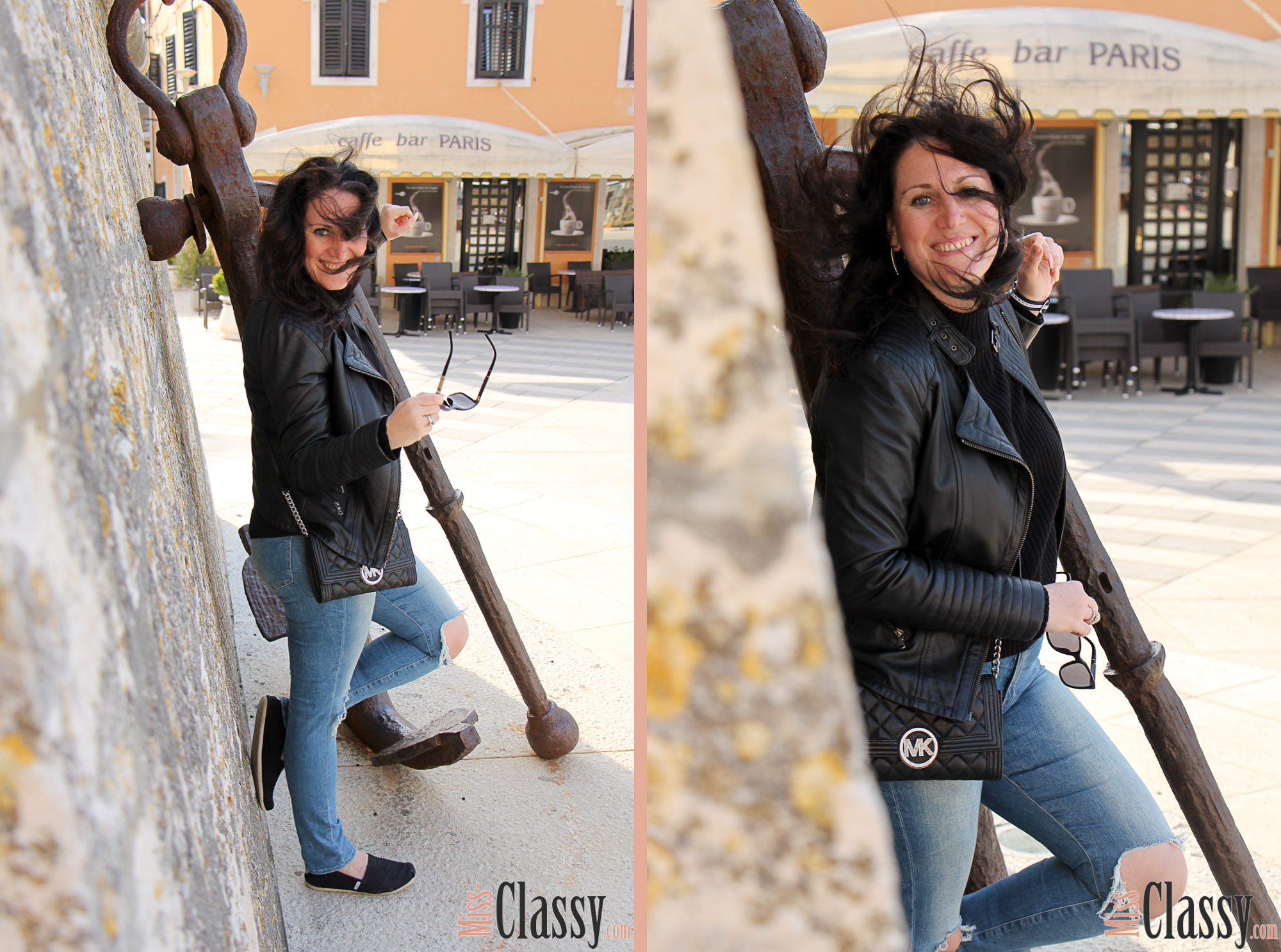 OUTFIT Lederjacke und Destroyed Jeans mit TOMs in Umag, Miss Classy, miss-classy.com, Fashionblog, Fashionblogger, Fashionblog Graz, Lifestyleblog Graz, Graz, Steiermark, Österreich, classy, beclassy, classy Fashion, Outfit, Style, Fashion, Mode, OOTD, Lederjacke, Hallhuber, Sonnenbrille Burberry, Clutch, Michael Kors, Daniel Wellington, TOMs, Espadrilles, Destroyed Jeans, Umag, Meer