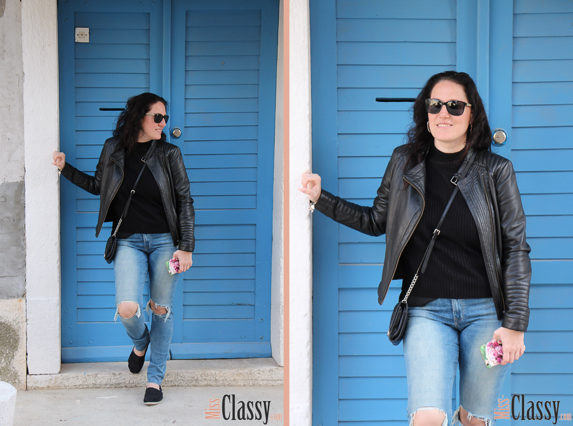 OUTFIT Lederjacke und Destroyed Jeans mit TOMs in Umag, Miss Classy, miss-classy.com, Fashionblog, Fashionblogger, Fashionblog Graz, Lifestyleblog Graz, Graz, Steiermark, Österreich, classy, beclassy, classy Fashion, Outfit, Style, Fashion, Mode, OOTD, Lederjacke, Hallhuber, Sonnenbrille Burberry, Clutch, Michael Kors, Daniel Wellington, TOMs, Espadrilles, Destroyed Jeans, Umag, Meer