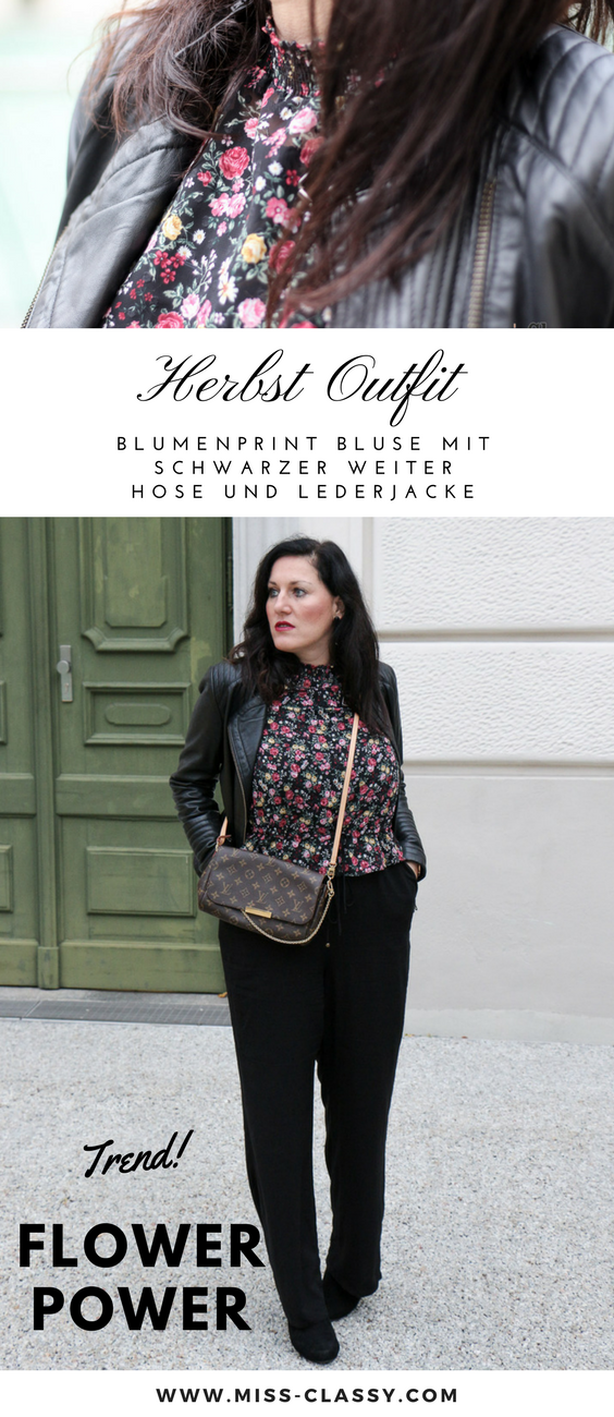 Pinterest - OUTFIT: Blumenprint Bluse mit schwarzer weiter Hose und Lederjacke, Miss Classy, Grazer Fashion Blog, Lifestyle Blog, Bloggerin Graz, classy Fashion, Lederjacke von Hallhuber, Blumenprint Bluse von H&M, schwarze weite Hose, Clutch Favorite von Louis Vuitton, Herbstmode, Stiefeletten, Claretcast Lippenstift von MAC