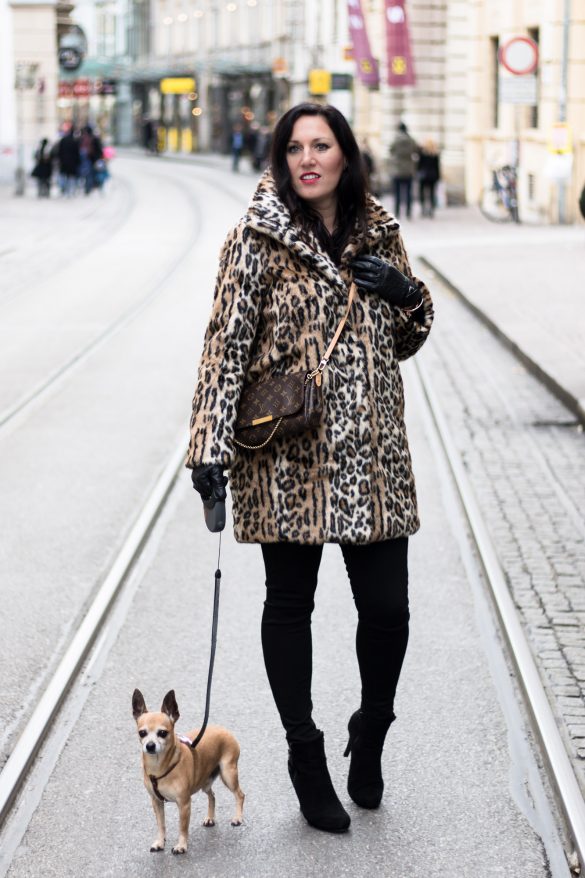 OUTFIT Fake Fur Mantel mit Leopardenmuster und schwarzer Skinny Jeans, Miss Classy, Grazer Fashion Blog, Lifestyle Blog, Bloggerin Graz, classy Fashion, Faux Fur Mantel, Leopardenprint, Fake Fur, Chihuahua, Hund, Lederhandschuhe, Favorite Clutch von Louis Vuitton, schwarze Bluse, Stiefeletten