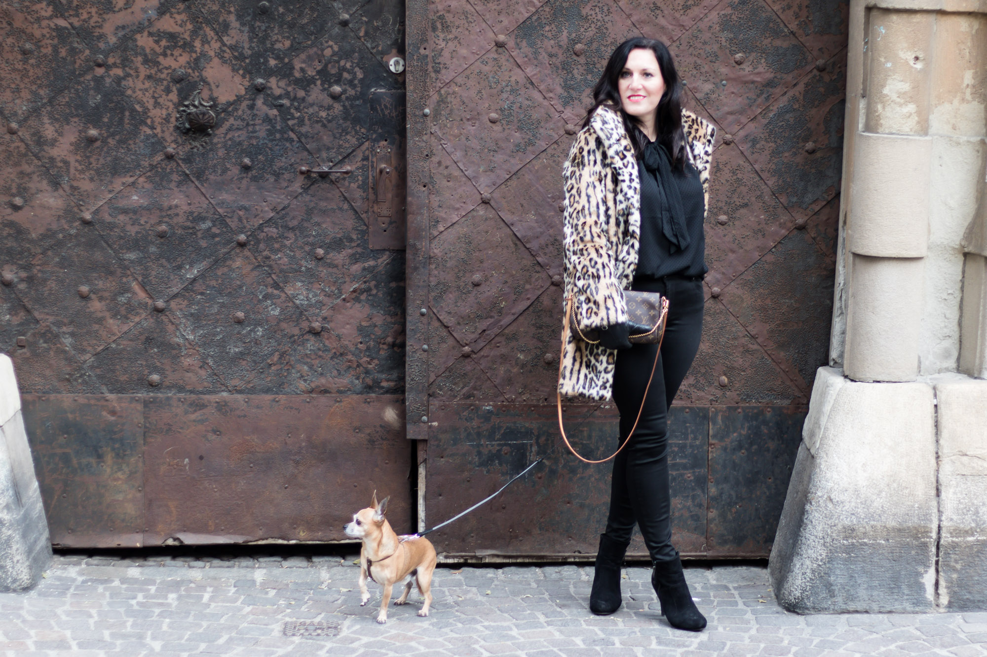 OUTFIT Fake Fur Mantel mit Leopardenmuster und schwarzer Skinny Jeans, Miss Classy, Grazer Fashion Blog, Lifestyle Blog, Bloggerin Graz, classy Fashion, Faux Fur Mantel, Leopardenprint, Fake Fur, Chihuahua, Hund, Lederhandschuhe, Favorite Clutch von Louis Vuitton, schwarze Bluse, Stiefeletten