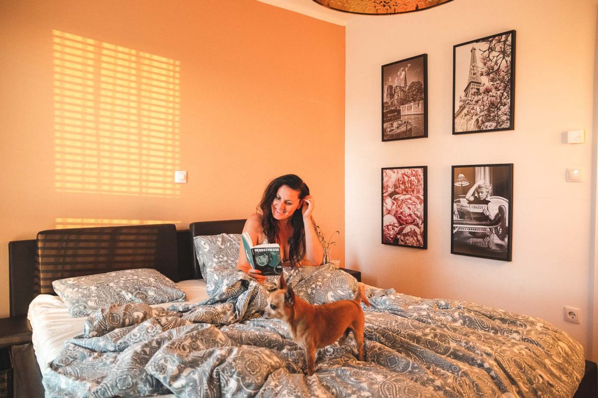 Miss Classy und ihr Chihuahua ChiChi im neu gestalteten Schlafzimmer mit gerahmten Premium Postern von Posterlounge